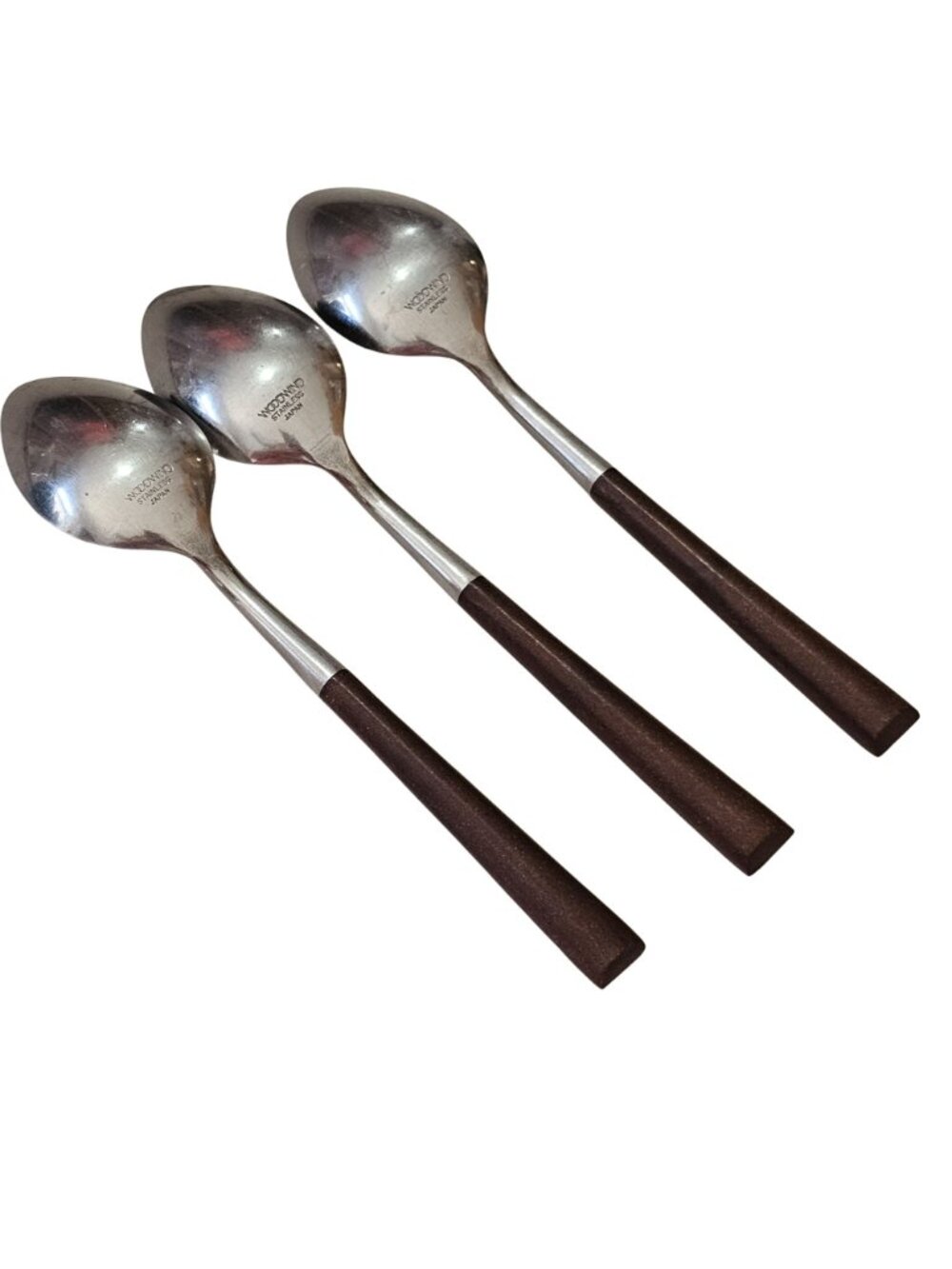 3 Woodwind Soup Spoon 7.5" wood-like handle vtg midcentury boho mixed material m - Picture 3 of 8